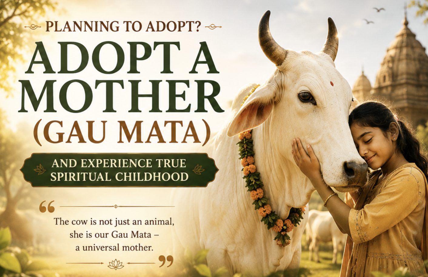 A young girl embracing a garlanded cow, Gau Mata, illustrating the article on cow adoption and spiritual childhood