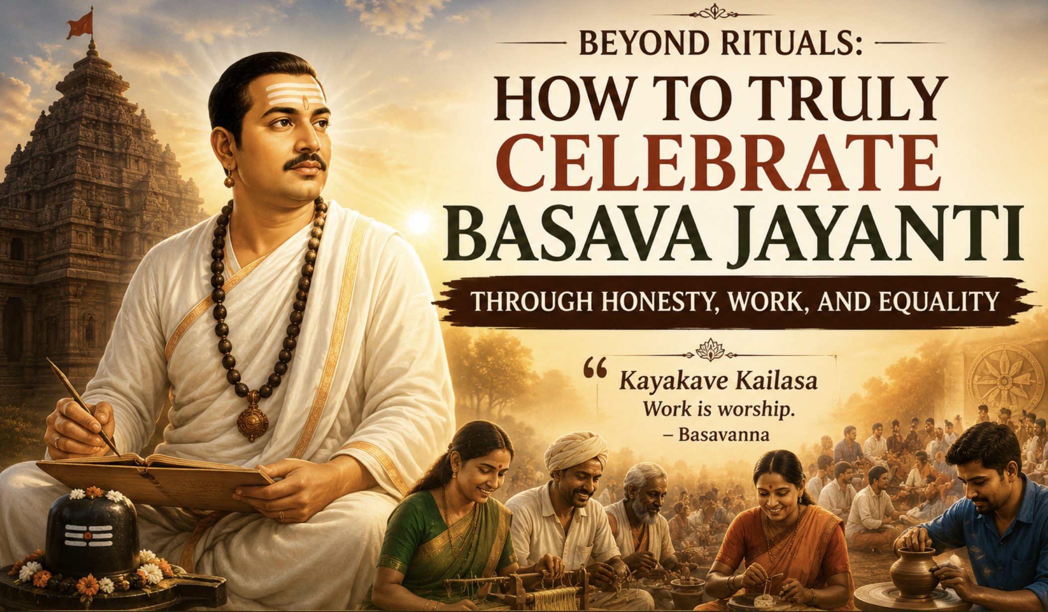 Basavanna depicted writing Vachanas beside a Shiva linga, with devotees at work and worship, illustrating the article on honoring Basava Jayanti through honesty, work and equality