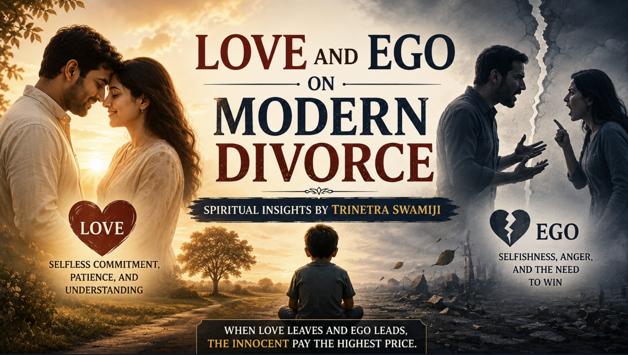 Split image contrasting a loving couple with love, patience and understanding against a quarreling couple representing ego and selfishness, with a child sitting alone between them, illustrating the cost children pay in modern divorce