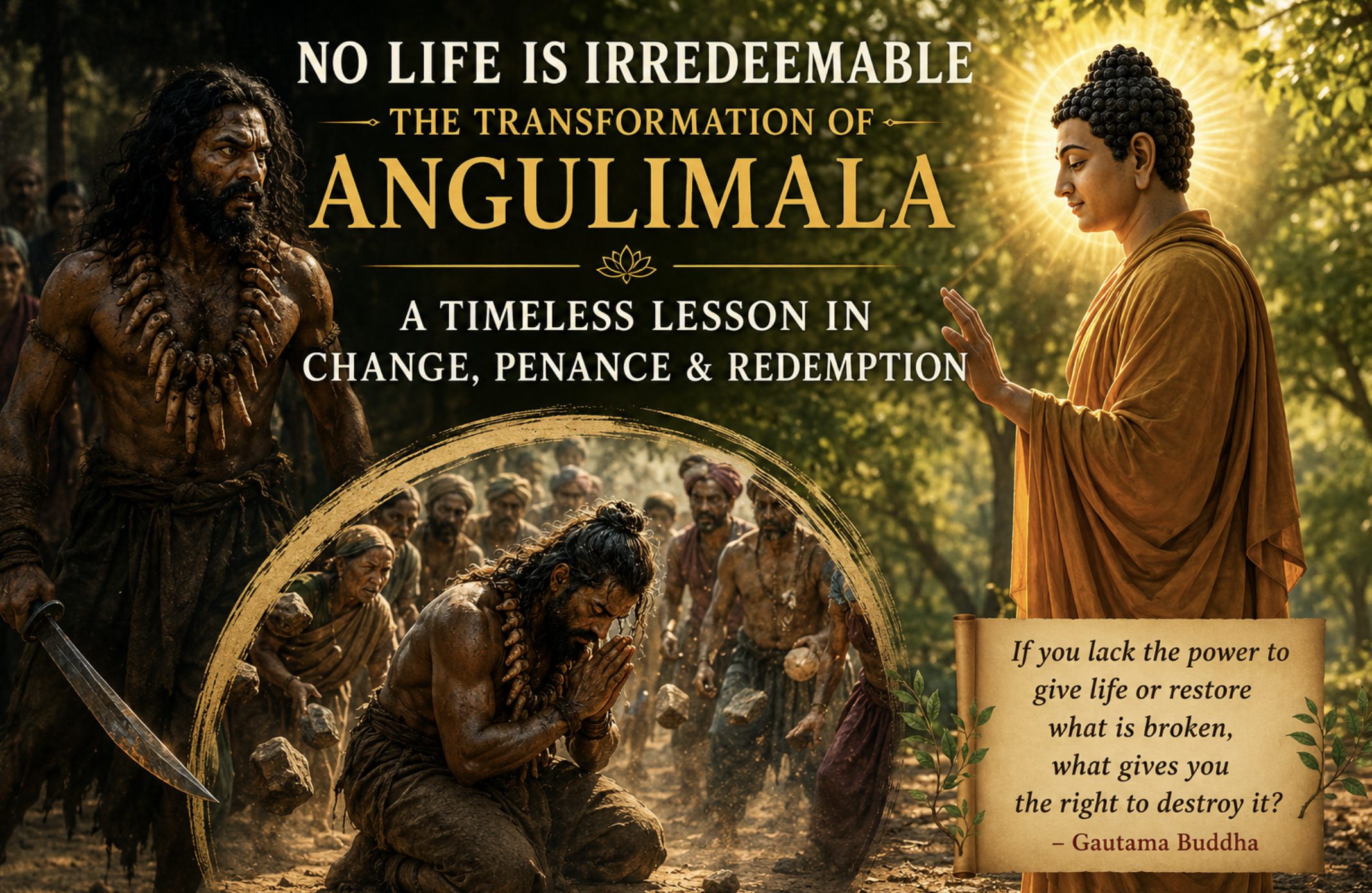Angulimala confronting Gautama Buddha, illustrating the story of his transformation and redemption